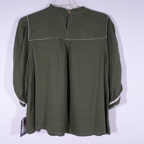 Democracy Embroidered Top Women's Plus Size 2X Green Puff Sleeve Boho Peasant - Picture 5 of 9